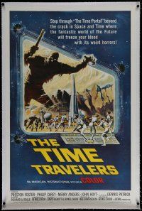 6z443 TIME TRAVELERS linen 1sh '64 cool Reynold Brown sci-fi art of the crack in space and time!