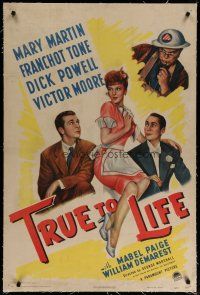 6z450 TRUE TO LIFE linen 1sh '43 art of sexy redhead Mary Martin, Dick Powell & Franchot Tone!