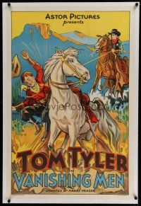 6z465 VANISHING MEN linen 1sh R30s art of sheriff Tom Tyler on horseback lassoing bad guy!