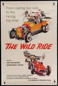 6z484 WILD RIDE linen 1sh '60 from roaring hot rods to the racing big time, cool artwork!
