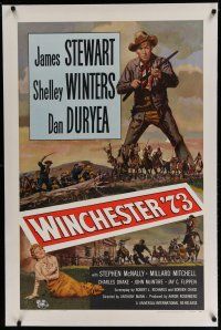 6z486 WINCHESTER '73 linen 1sh R58 art of James Stewart with rifle, Shelley Winters!