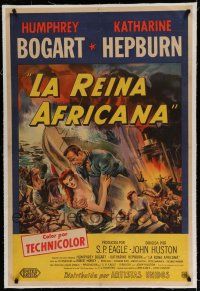 7a156 AFRICAN QUEEN linen Argentinean '52 cool montage art of Humphrey Bogart & Katharine Hepburn!