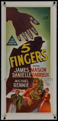 7a344 5 FINGERS linen Aust daybill '52 James Mason, Danielle Darrieux, true story of a fabulous spy