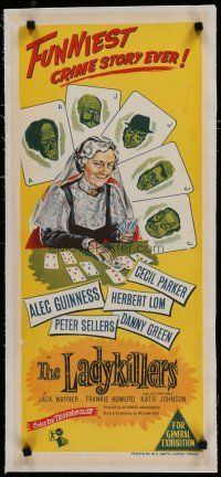 7a367 LADYKILLERS linen Aust daybill '55 Katie Johnson + Alec Guinness & gangsters on playing cards!