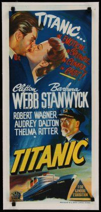 7a382 TITANIC linen Aust daybill '53 cool art of Clifton Webb & Barbara Stanwyck on legendary ship!