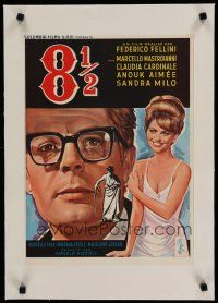 7a389 8 1/2 linen Belgian '63 Fellini classic, art of Marcello Mastroianni & sexy Claudia Cardinale