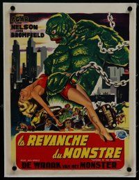 7a455 REVENGE OF THE CREATURE linen Belgian '55 great different art of monster holding sexy girl!