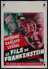 7a468 SON OF FRANKENSTEIN linen Belgian R50s art of monster Boris Karloff, Bela Lugosi & Rathbone!