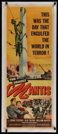 7a044 DEADLY MANTIS linen insert '57 classic art of giant insect on Washington Monument by Sawyer