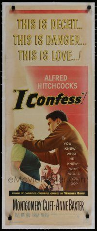 7a046 I CONFESS linen insert '53 Alfred Hitchcock, art of Montgomery Clift grabbing Anne Baxter!