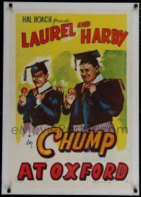 7a086 CHUMP AT OXFORD linen Indian 20x30 R60s Pinto art of Laurel & Hardy in caps and gowns!