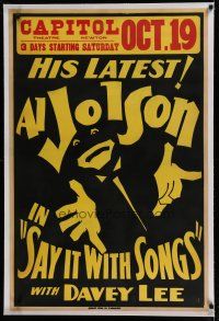 7a036 SAY IT WITH SONGS linen local theater 1sh '29 wonderful art of Al Jolson in blackface!