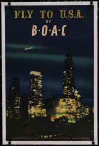 7a010 BOAC USA linen English travel poster '60s cool image of the New York skyline at night!