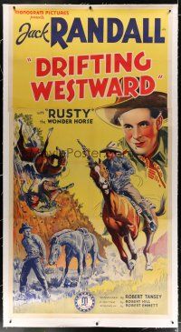 7b214 DRIFTING WESTWARD linen 3sh '39 cool western art of cowboy Jack Randall c/u & in action!