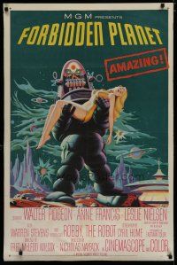 7b010 FORBIDDEN PLANET 1sh '56 classic art of Robby the Robot carrying sexy Anne Francis!