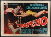 7b158 TRAPEZE linen Italian 1p '56 Olivetti art of Burt Lancaster, Gina Lollobrigida & Tony Curtis!
