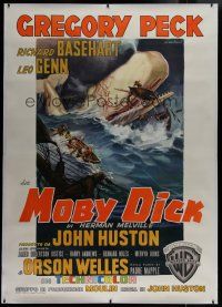 7b126 MOBY DICK linen Italian 2p '56 best Capitani art of Gregory Peck & the giant whale!