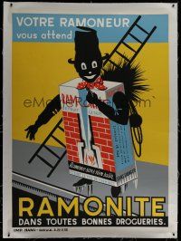 7b106 RAMONITE linen 46x63 Belgian advertising poster '20s wacky art of soot-covered chimney sweep!