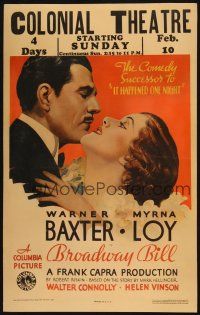 7b053 BROADWAY BILL WC '34 Frank Capra horse racing comedy, art of Warner Baxter & Myrna Loy!