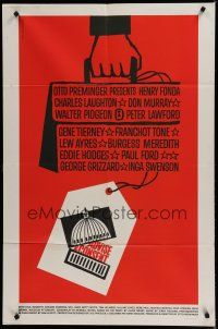 7c354 ADVISE & CONSENT 1sh '62 Otto Preminger, classic Saul Bass Washington Capitol artwork!
