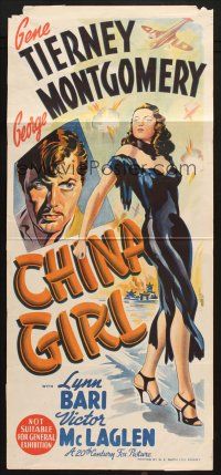 7c279 CHINA GIRL Aust daybill '42 art of sexy Gene Tierney & George Montgomery, Ben Hecht!