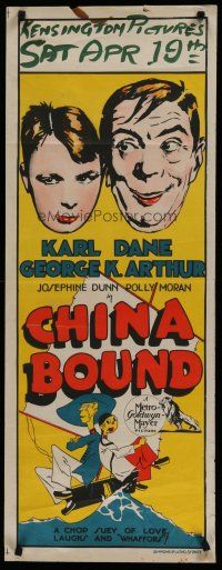 7c088 CHINA BOUND long Aust daybill '29 cartoon art of Karl Dane & George K. Arthur in tiny boat!