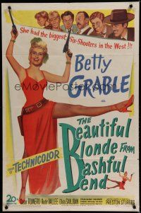 7c359 BEAUTIFUL BLONDE FROM BASHFUL BEND 1sh '49 Preston Sturges, Betty Grable has the big guns!