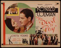 7c013 DEVIL TO PAY red title 1/2sh '30 Ronald Colman & pretty 17 year-old Loretta Young + cool art!