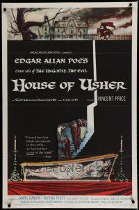 7c371 HOUSE OF USHER 1sh '60 Poe's tale of the ungodly & evil, cool art by Reynold Brown!