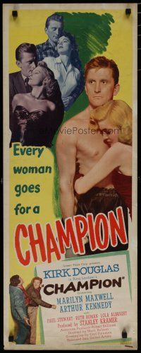 7c031 CHAMPION insert '49 boxer Kirk Douglas with Marilyn Maxwell & Ruth Roman, boxing classic!