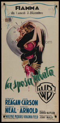 7c191 JOHN LOVES MARY Italian locandina '49 Martinati art of Ronald Reagan kissing Patricia Neal!