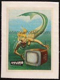 7c300 IRRADIO linen 9x12 Italian advertising poster '50s great television ad with sexy mermaid art!
