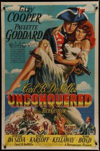 7c385 UNCONQUERED 1sh '47 art of Gary Cooper holding sexy Paulette Goddard & two guns!