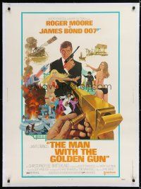 7d239 MAN WITH THE GOLDEN GUN linen 30x40 '74 art of Roger Moore as James Bond by Robert McGinnis!