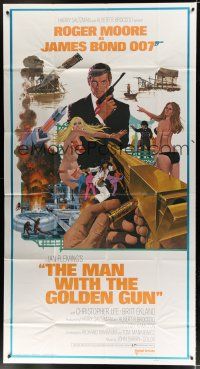 7d238 MAN WITH THE GOLDEN GUN 3sh '74 art of Roger Moore as James Bond by Robert McGinnis!