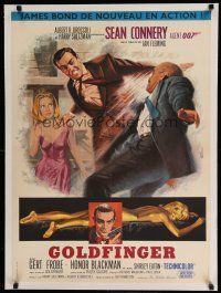 7d077 GOLDFINGER linen French 23x32 '64 cool art of Sean Connery as James Bond 007 by Jean Mascii!