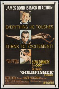 7d064 GOLDFINGER linen 1sh '64 3 great images of Sean Connery as James Bond + golden Shirley Eaton!