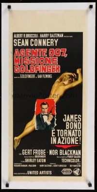 7d074 GOLDFINGER linen Italian locandina '65 ultra rare first version with error in credits!