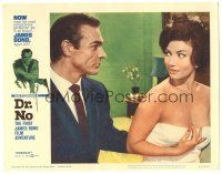 7d006 DR. NO LC #3 '62 Sean Connery as James Bond stares at sexy Zena Marshall wearing only towel!