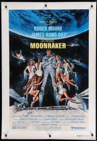 7d283 MOONRAKER linen style B int'l teaser 1sh '79 Goozee art of Moore as Bond & sexy space babes!