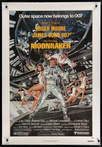 7d281 MOONRAKER linen 1sh '79 art of Roger Moore as Bond & sexy space babes by Goozee!