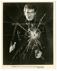 7d223 LIVE & LET DIE 8x10.25 still '73 Roger Moore as James Bond with gun by shattered glass!