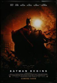 7f059 BATMAN BEGINS coming soon advance DS 1sh '05 Bale as Caped Crusader carrying Katie Holmes!