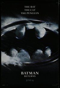 7f067 BATMAN RETURNS teaser DS 1sh '92 Tim Burton, cool close-up image of bat logo!