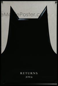 7f066 BATMAN RETURNS teaser DS 1sh '92 Tim Burton, cool close-up image of bat cowl!