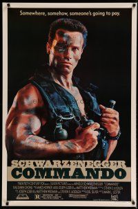 7f141 COMMANDO 1sh '85 Arnold Schwarzenegger is going to make someone pay!