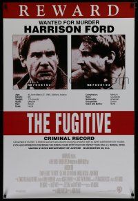 7f278 FUGITIVE recalled int'l 1sh '93 Harrison Ford is on the run, cool wanted poster!