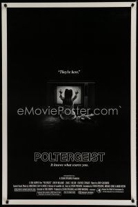 7f603 POLTERGEIST heavy stock 1sh '82 Tobe Hooper, classic, they're here, Heather O'Rourke by TV!