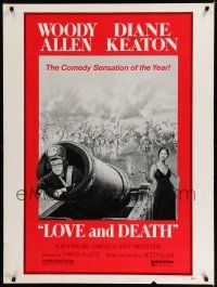 7g393 LOVE & DEATH style C 30x40 '75 Diane Keaton about to fire Woody Allen out of a cannon!