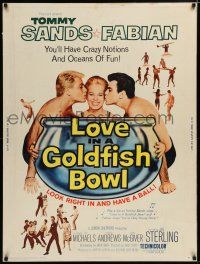 7g394 LOVE IN A GOLDFISH BOWL 30x40 '61 Tommy Sands & Fabian kissing pretty girl!